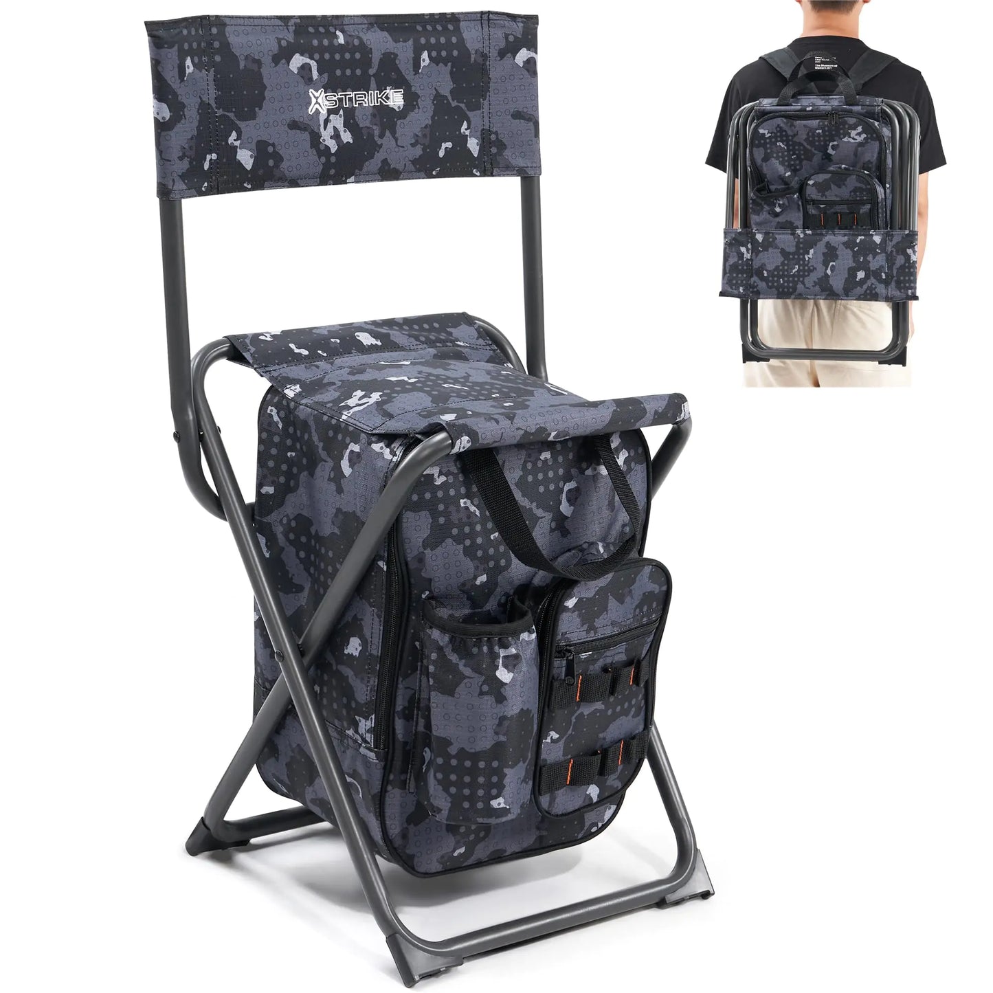 X Strike Backpack Fishing Chair with Cooler Bag and Backrest Folding Camping Stool for Adults up to 225 lbs Portable Lightweight for Hunting Hiking Outdoors